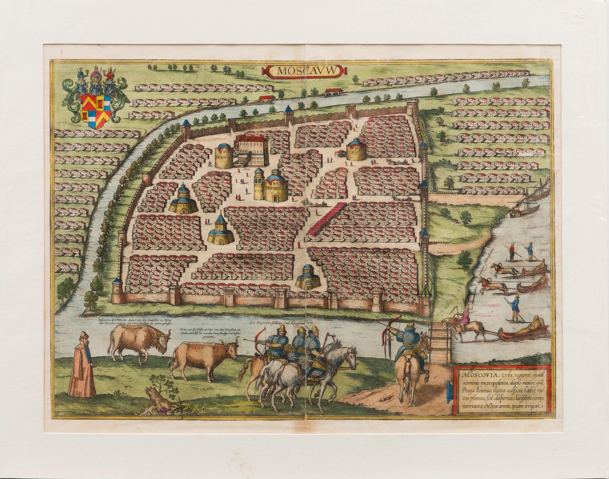 KARTA, handkolorerat kopparstick, Moskva, Braus & Hogenberg, ca 1590.