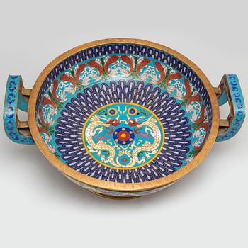 A large Chinese cloisonne footed bowl with handles, 20th century.