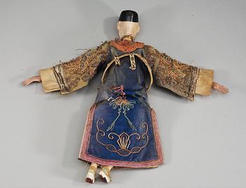 A pair of chinese bisque dolls with silk clothing, Qing dynasty.