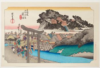 ANDO HIROSHIGE, senare avdrag, mapp, "The fifty-three stations on the tokaido", utgiven av Kata Hanga Kenkyujo.