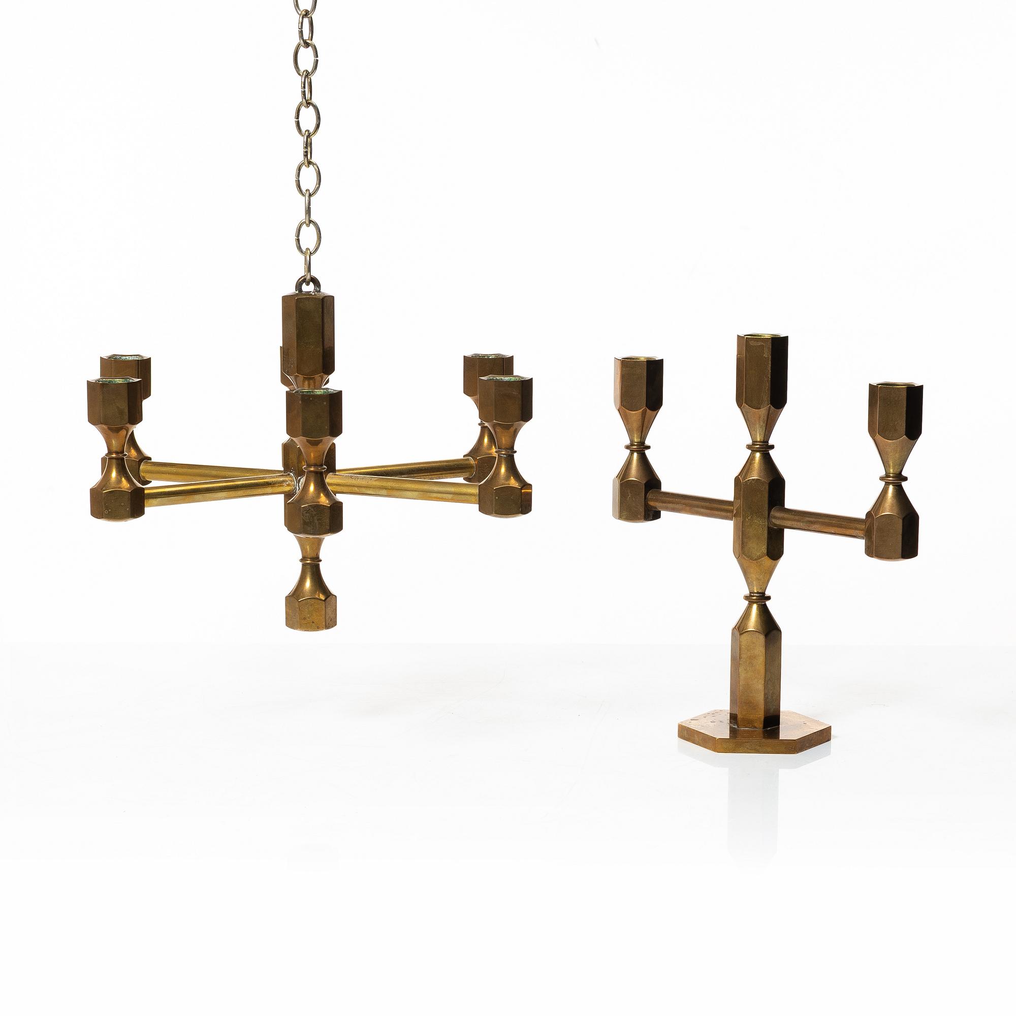 Lars Bergsten, a, chandelier and a candelabrum, Metallsjöjden Gusum, 1978.