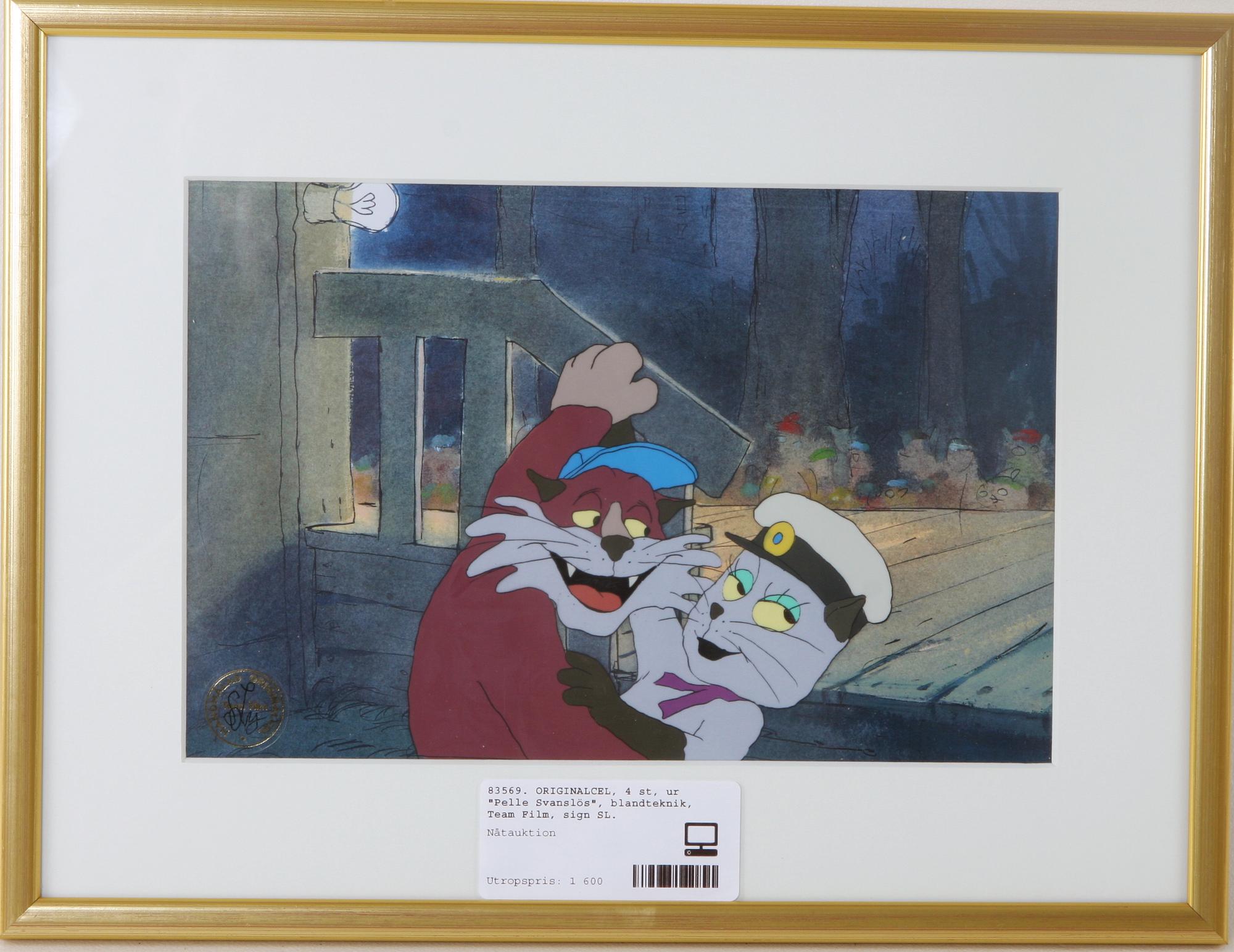 ORIGINALCEL, 4 st, ur "Pelle Svanslös", blandteknik, Team Film, sign SL.