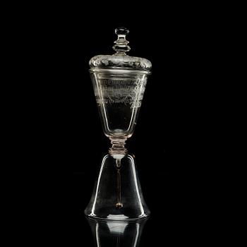 An engraved glass goblet with cover/table bell, 18th Century.