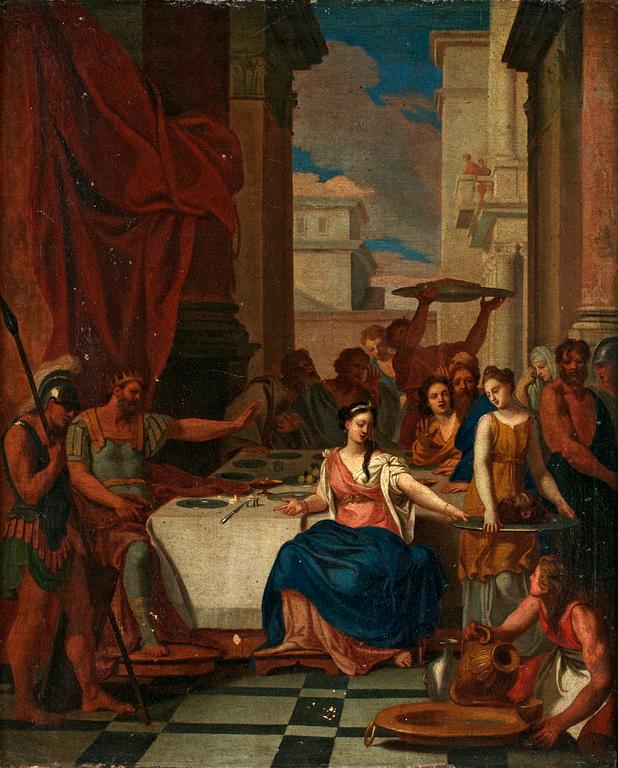 Gerard de Lairesse Hans efterföljd., Salome med Johannes Döparens huvud inför Herodes.