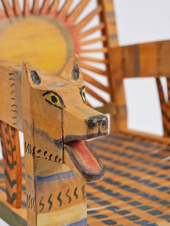 Gérard Rigot, a sculpted and painted oak chair, exectued in his studio, France, second half of the 20th century.