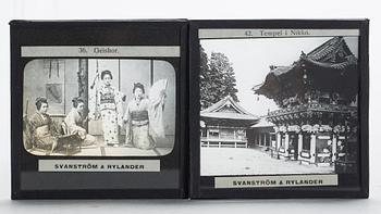 PARTI FOTONEGATIV PÅ GLASPLÅTAR, 3 st trälådor, ASIEN I-II OCH JAPAN. 1900-talets början.