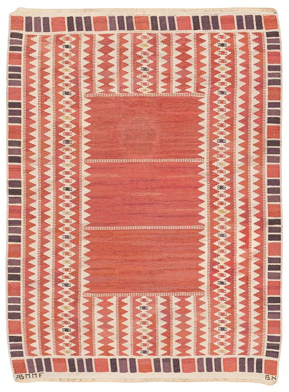 Barbro Nilsson, a carpet, 'Salerno röd', flat weave, c. 214 x 158 cm, signed AB MMF BN.