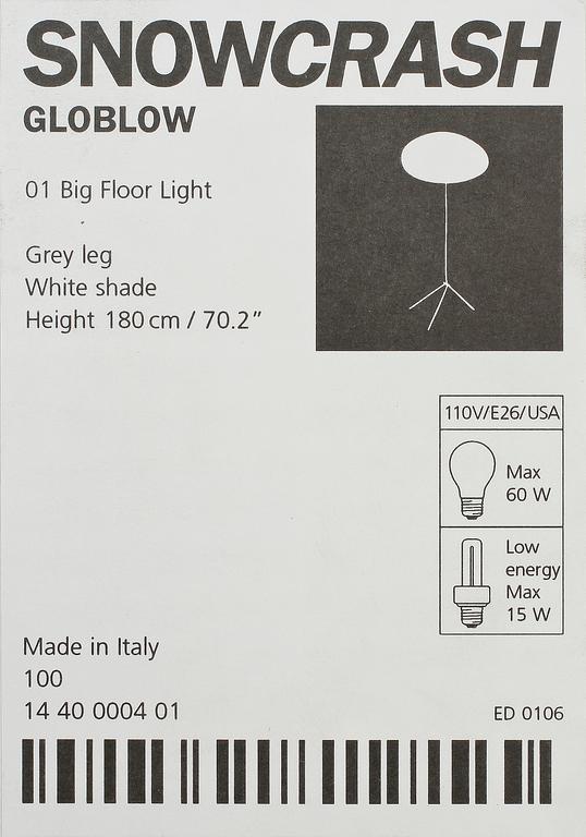 GOLVLAMPA, "Globlow", Snowcrash, Design Vesa Hinkola, Markus Nevalainen, Rane Vaskivuori, 1900-talets andra hälft.