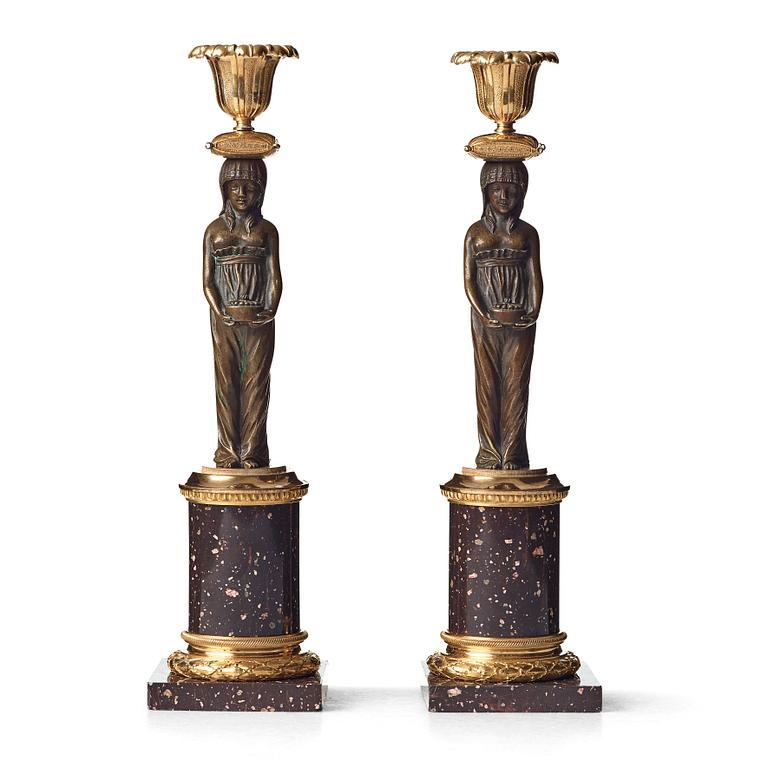 A pair of late Gustavian circa 1800 porphyry and gilt and patinated bronze candlesticks.