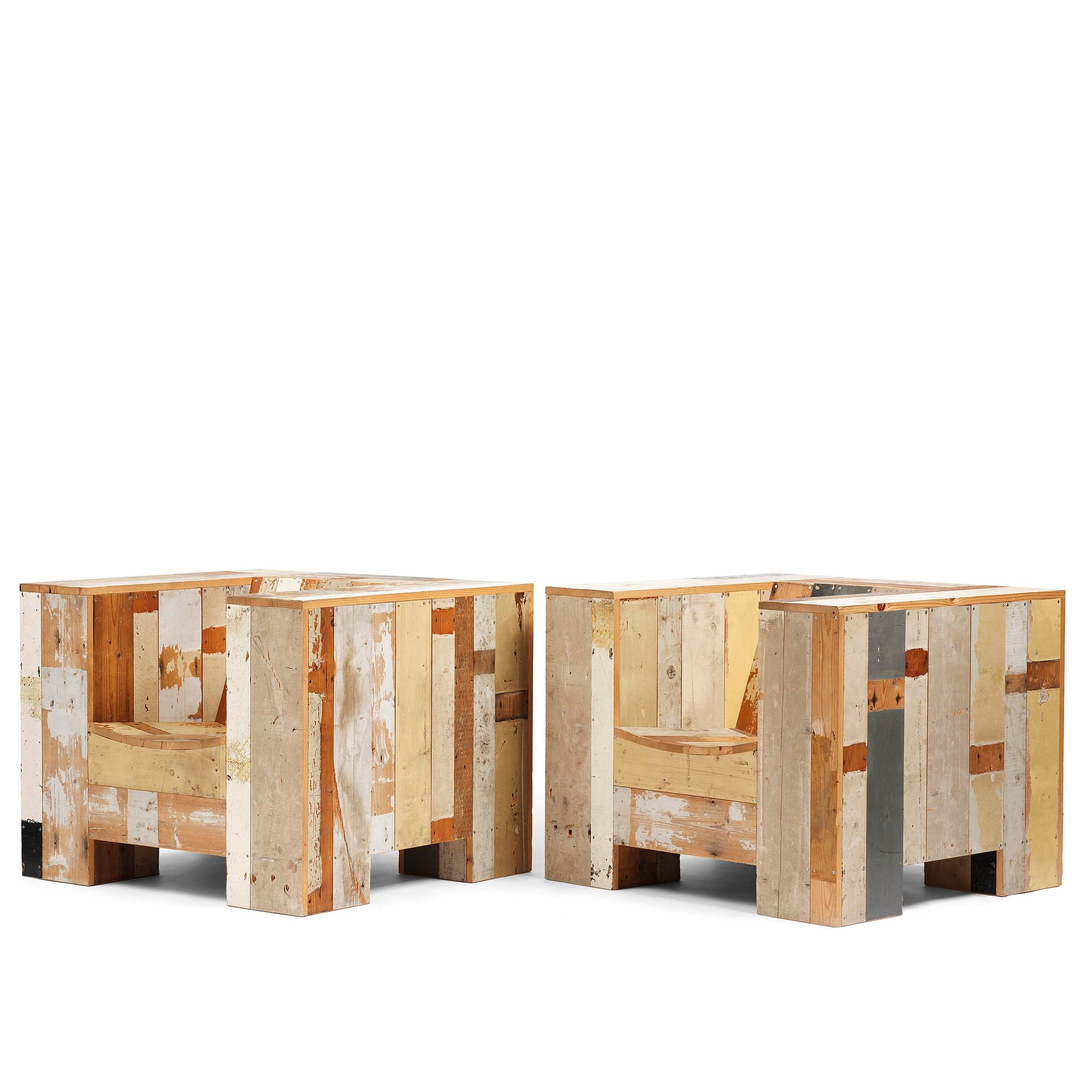 Piet Hein Eek, Armchairs, a pair, “Large Scrapwood Chair”, the Netherlands, after 2008.