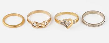 RINGAR, 4 st, 14K, 18K samt 20K guld samt åttkantsliapde diamanter. Vikt 11,3 gram.