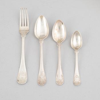 Bestick, silver, 25 delar, fransk rund, olika tillverkare.