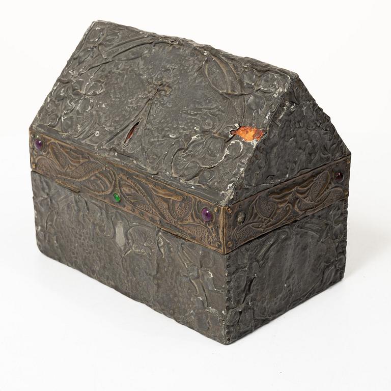 A pewter and copper jewellery box,  with inlaid stones, France, probably circa 1900.