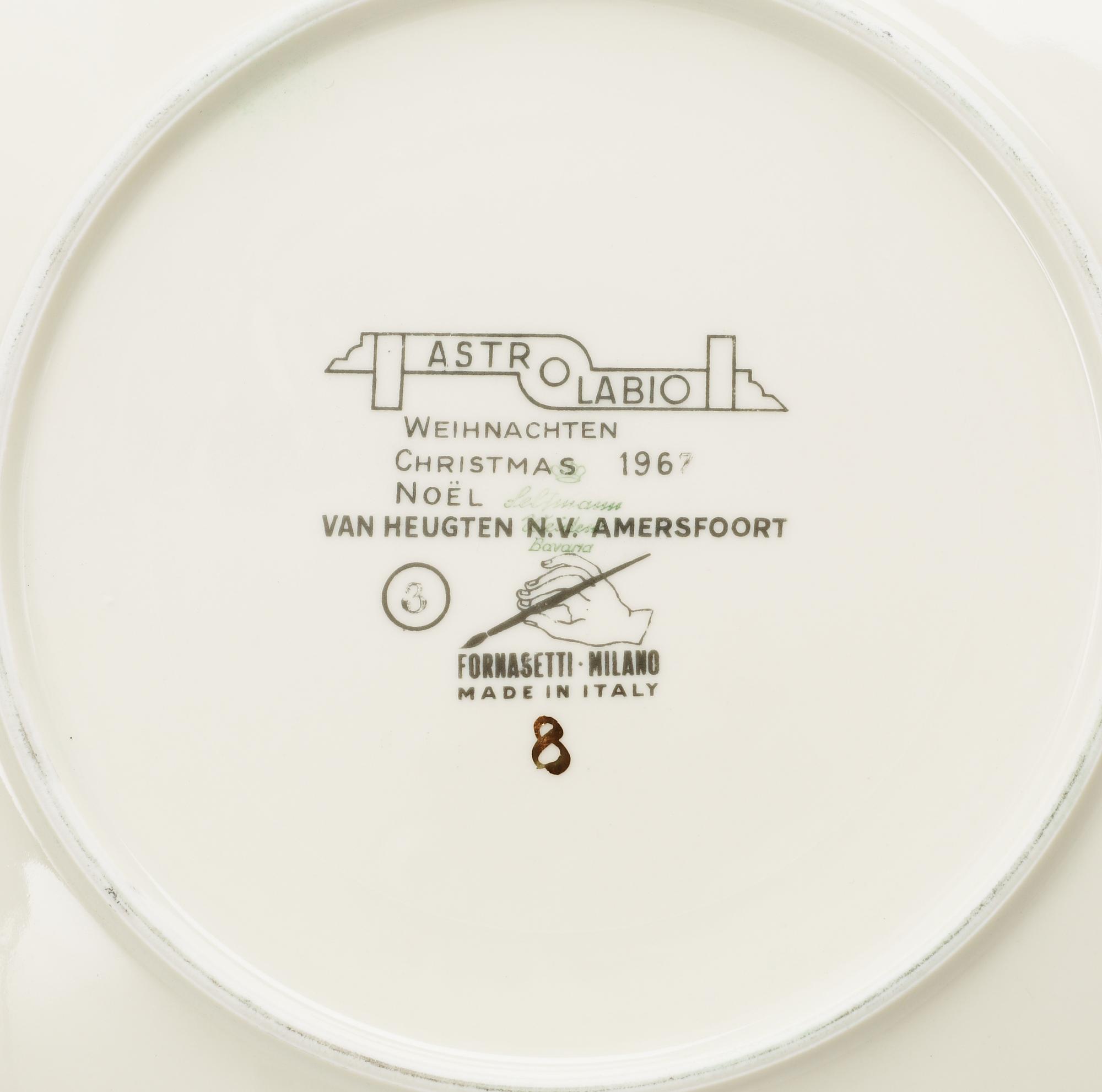 A set of three Piero Fornasetti 'Astro Labio' porcelain plates and six gilded dishes, Milan, Italy.