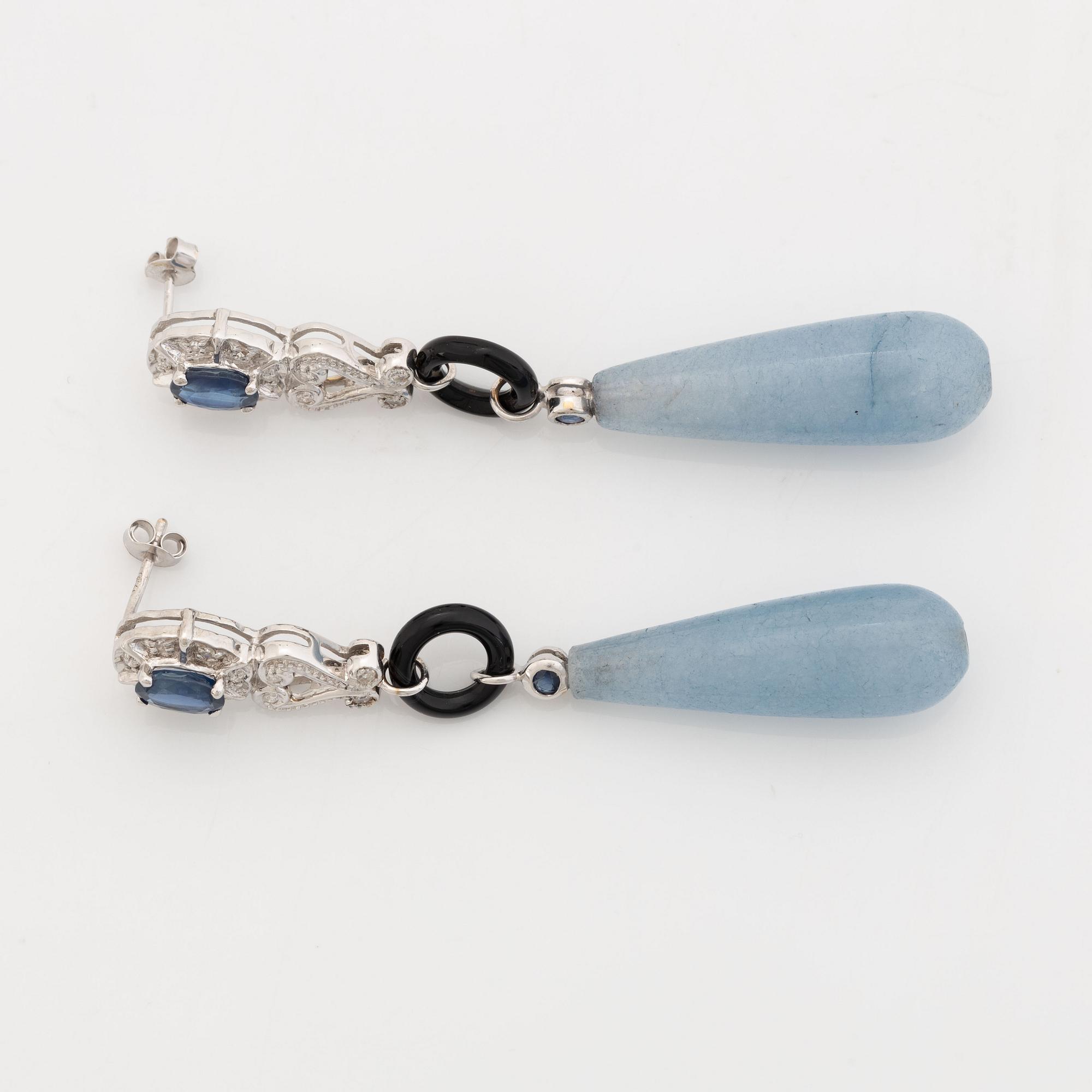 Sapphire, eight cut diamond, onyx and aquamarine drop earrings.