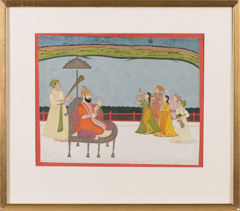 A miniature painting depicting a ruler entertained on a terrace, north India, circa 1770.