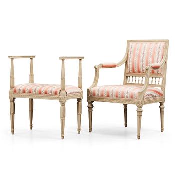 43. A Late Gustavian armchair by Johan Lindgren and stool.