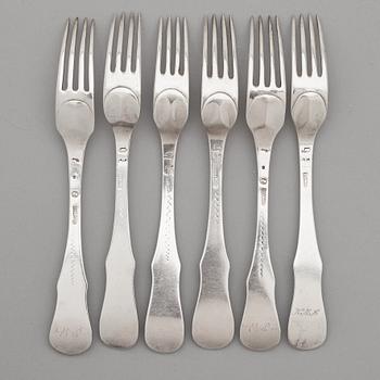 A set of six Swedish 18th century silver dinner-forks, mark of Kilian Kelson, Stockholm 1752-1754.