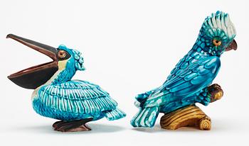 Two Gunnar Nylund stoneware figures, a pelican and a parrot, Rörstrand.