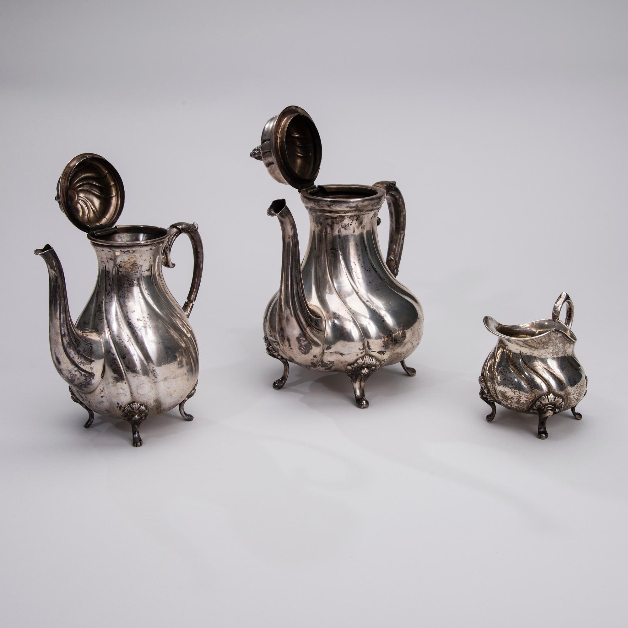 KAFFESERVIS, 3 delar, silver, nyrokoko, Tyskland 1800-talets slut. Vikt 1520 g.