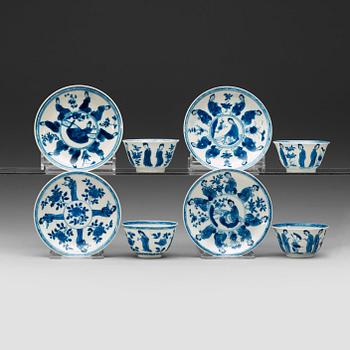 8. A set of four matched blue and white cups and saucers, Qing dynasty Kangxi (1662-1722).