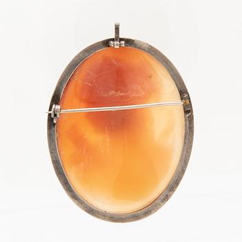 A brooch/pendant with a carved shell cameo.