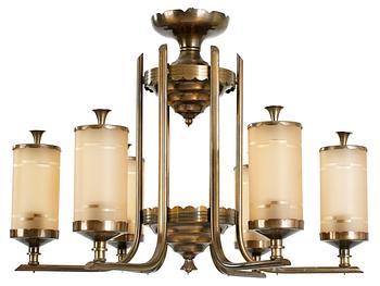 A Swedish six light brass ceiling lamp, 1930's.