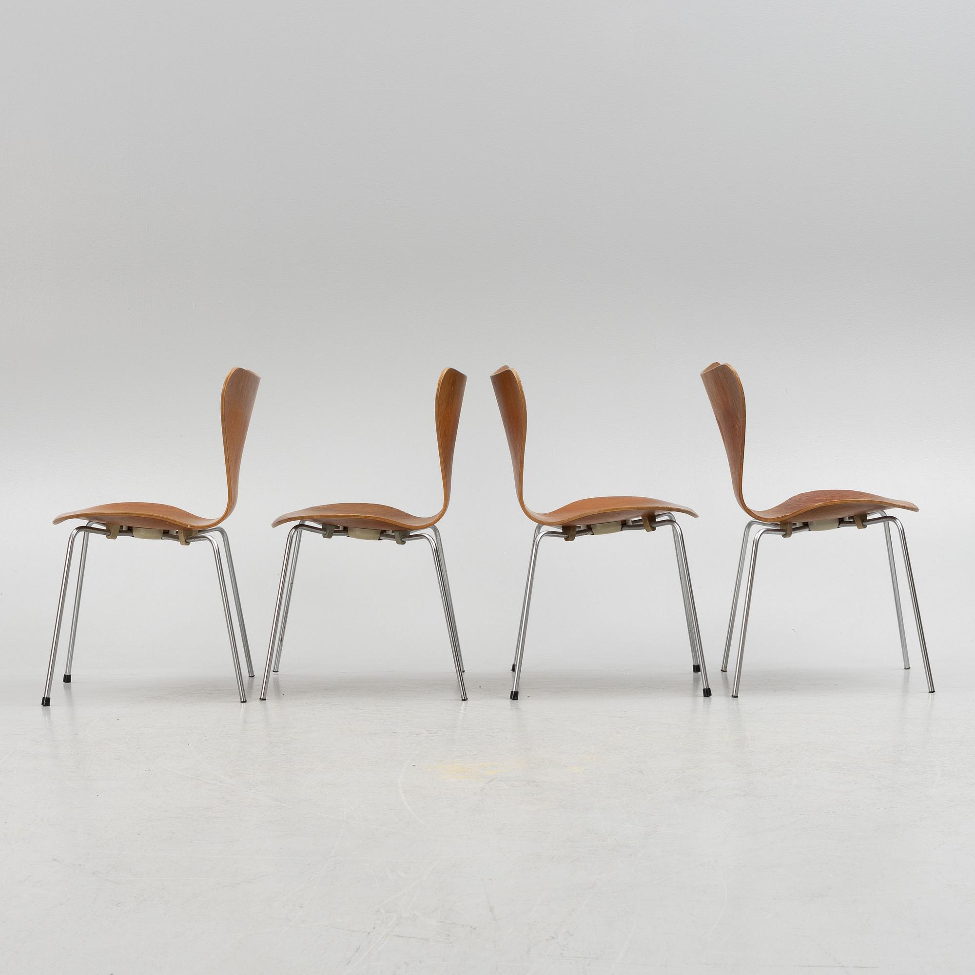 Arne Jacobsen, four "Seven" chairs, Fritz Hansen, Denmark.