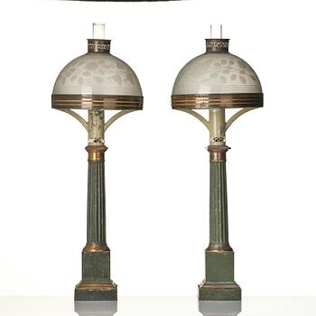 A pair of Empire painted sheet metal carcel oil lamps.