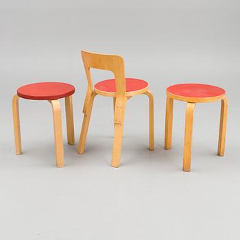 A chair and two stools, Artek, Finland mid-20th and latter half of the 20th Century.