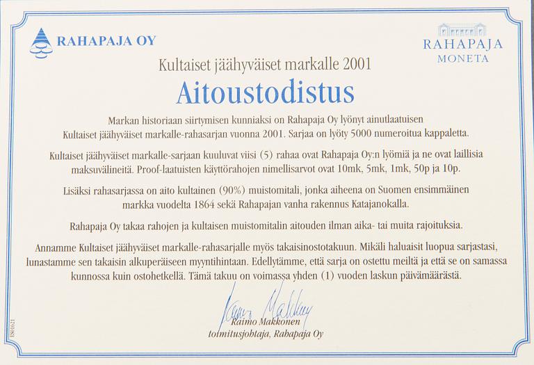 A six-piece Finnish coin collection, one in gold, 2001.