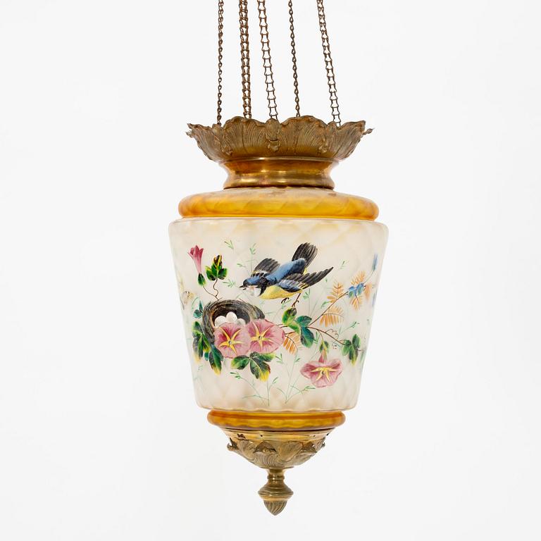 An art noveau glass and brass ceiling lamp from around the year 1900.