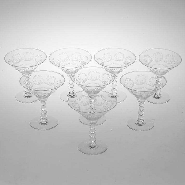 MARTINIGLAS, 8 st, "Molnet", Simon Gate, signerade, Orrefors, 1920-tal.