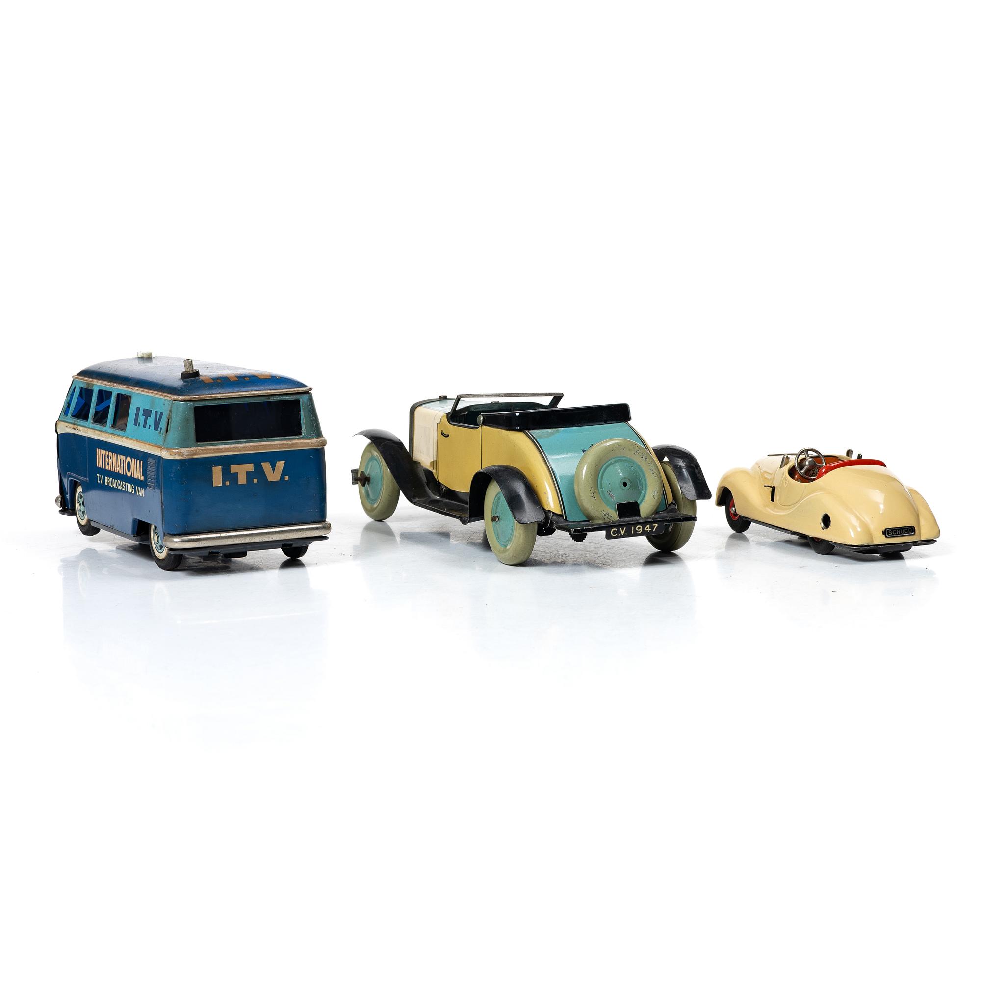 Tin toys, 3 cars, Gakken Toy, Chad Valley & Schuco.