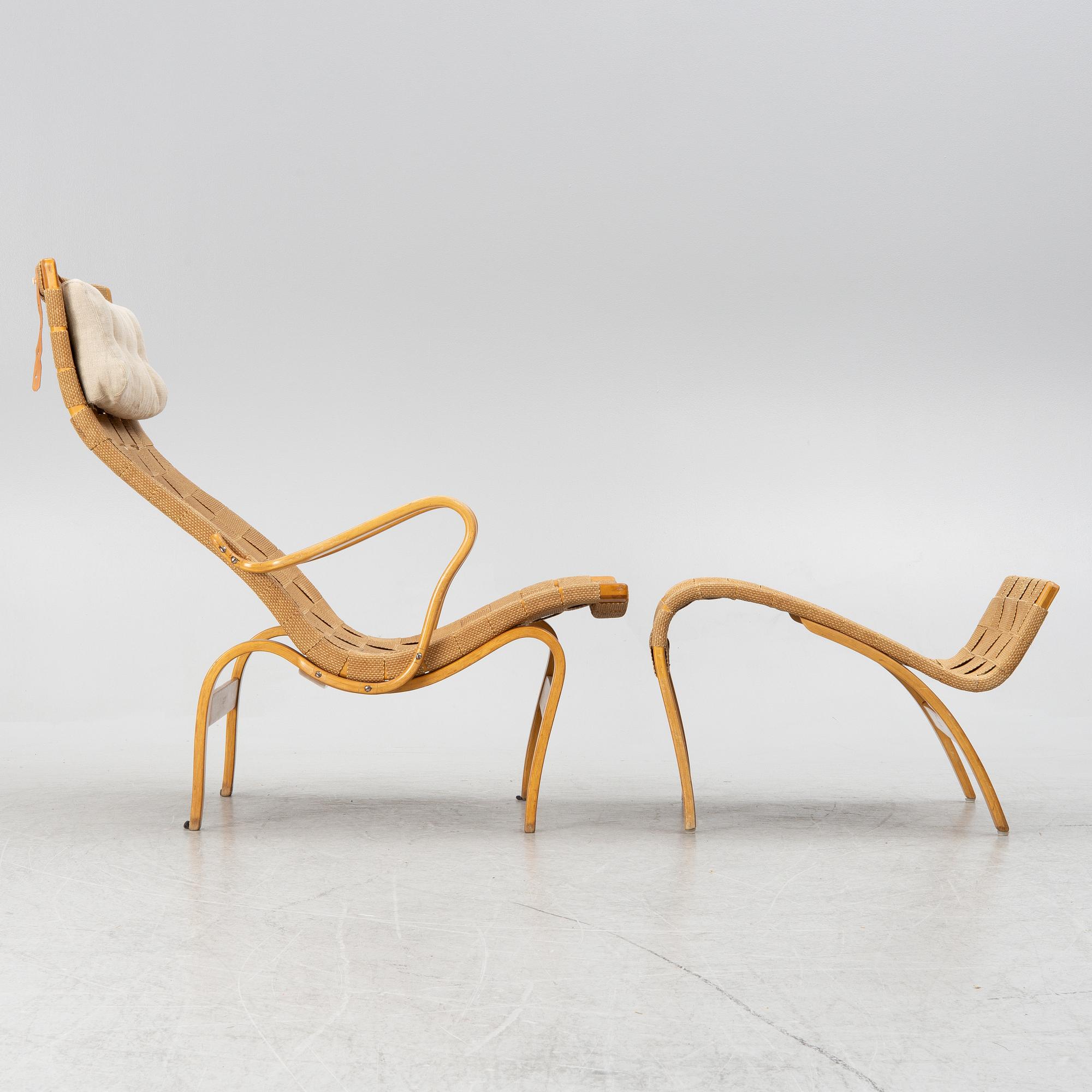 Bruno Mathsson, a lounge chair with footstool "Pernilla 1", Firma Karl Mathsson, Värnamo, circa mid-20th century.