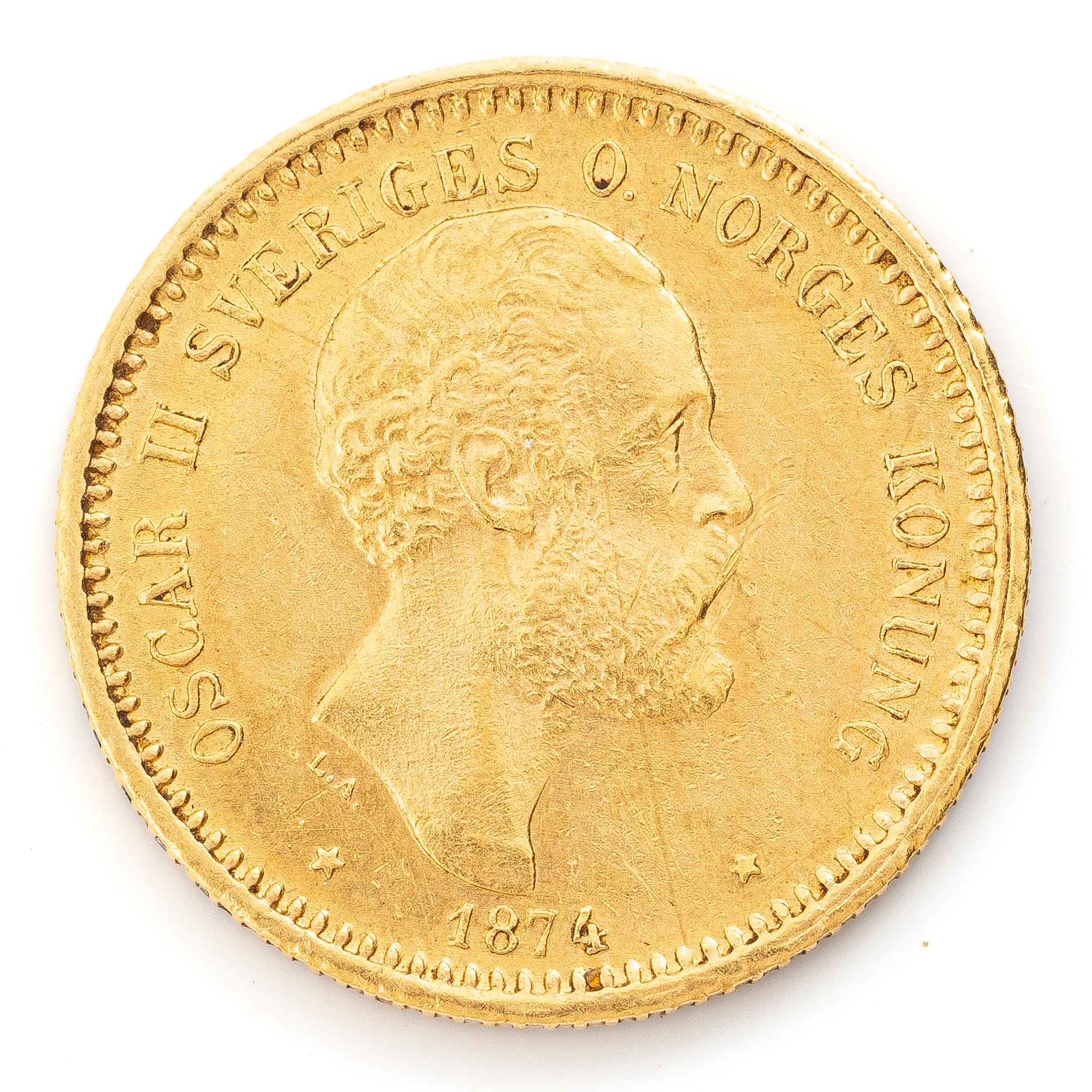 Guldmynt, Sverige, Oskar II,  10 kronor, 1874.