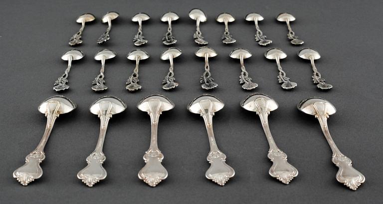 22 swedish silver spoons and one ladle, from the 19th and 20th century.