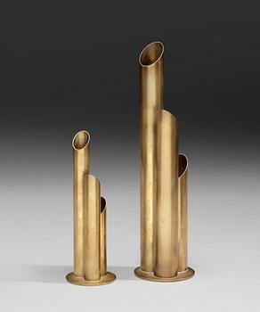 A set of two Ivar Ålenius Björk brass vases, Ystad Metall, 1930's.