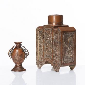 A silvered copper alloy tea caddy and a gilded copper alloy vase, unidentified makers, 19th Century.