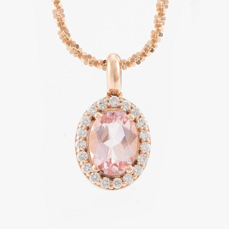 Pendant with chain in 14K rose gold with a faceted morganite and round brilliant-cut diamonds.