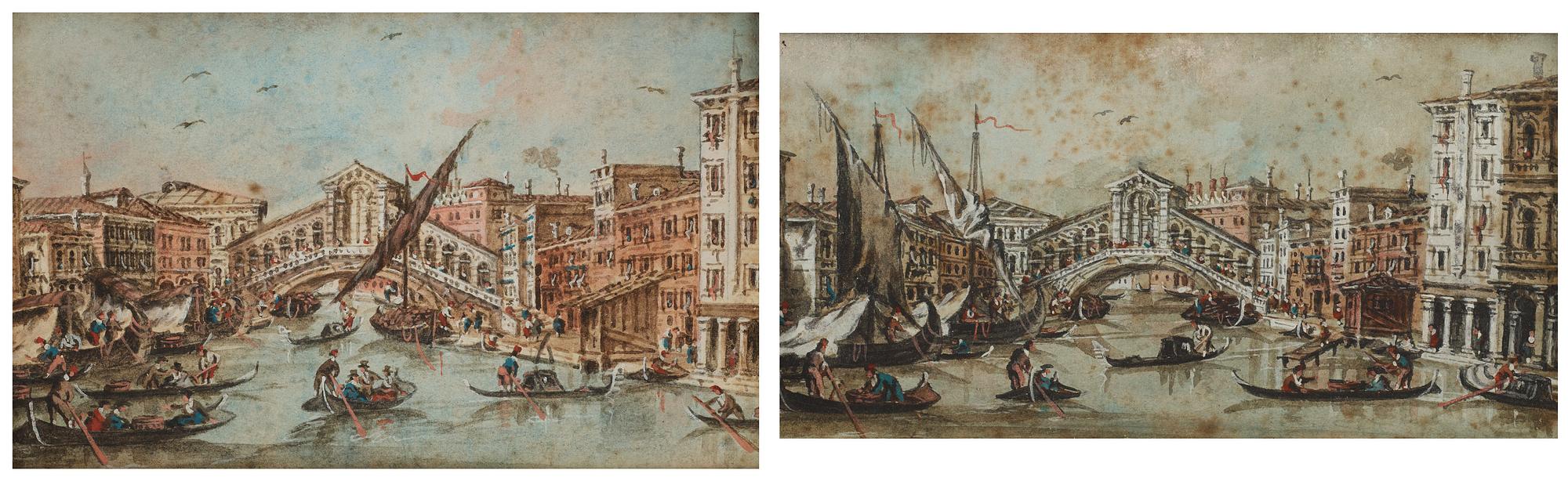 Giacomo Guardi Tillskrivna, Venedigmotiv med Rialtobron, ett par.