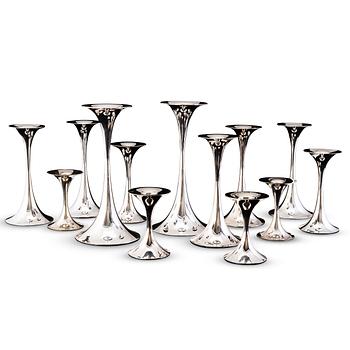 254. Tapio Wirkkala, A set of 13 silver candlesticks for Kultakeskus Hämeenlinna 1972-2000.