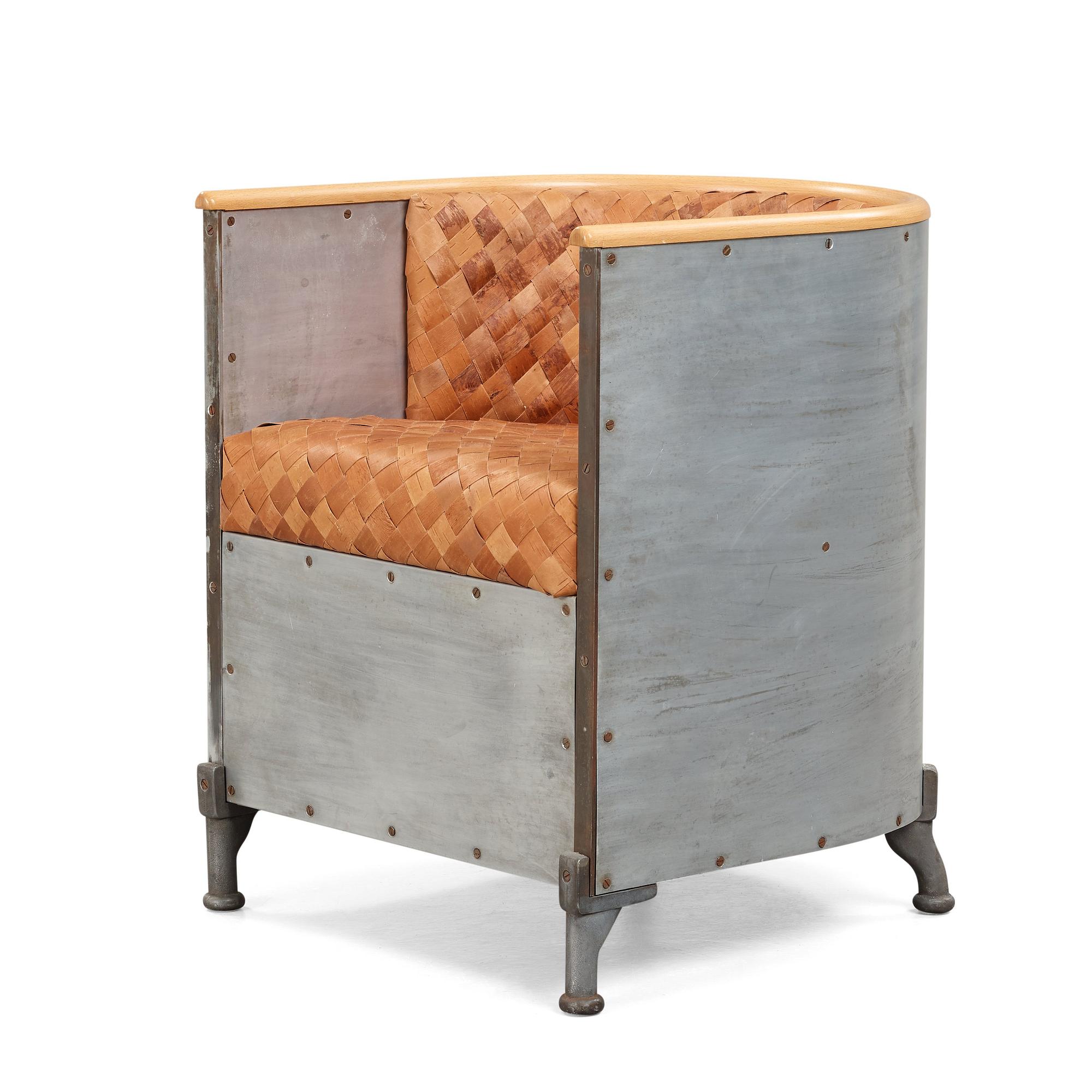 Mats Theselius, an 'Aluminiumfåtölj' easy chair upholstered with plaited birch bark, Källemo 1990.