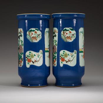 A pair of famille verte and powder blue vases/umbrella stands, Qing dynasty, circa 1900.