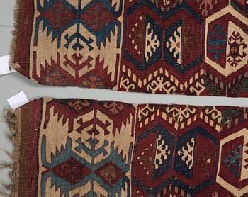 ANTIQUE AKSARAY, PROBABLY, KILIM. 2 parts. 324 x 81,5 as well as 329 x 76 cm.