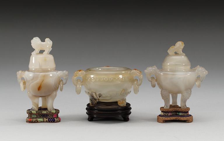 A Chinese agate censer and two tripod jars and covers.