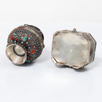 A group of five silver boxes with covers, South East Asia, 20th century.