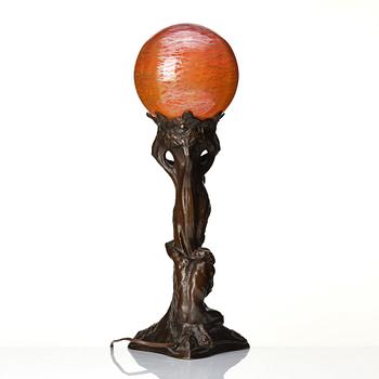 Alice Nordin, a 'Night and Morning' patinated bronze table lamp, Herman Bergman Konstgjuteri, Stockholm, early 1900s.