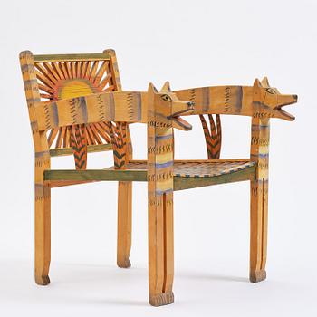 Gérard Rigot, a sculpted and painted oak chair, exectued in his studio, France, second half of the 20th century.