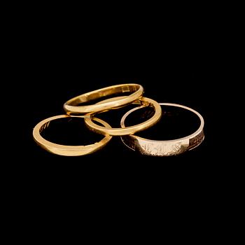 RINGAR, 4 st, guld 18-23 K, 1800-1900-tal. Totalvikt ca 10 gram.